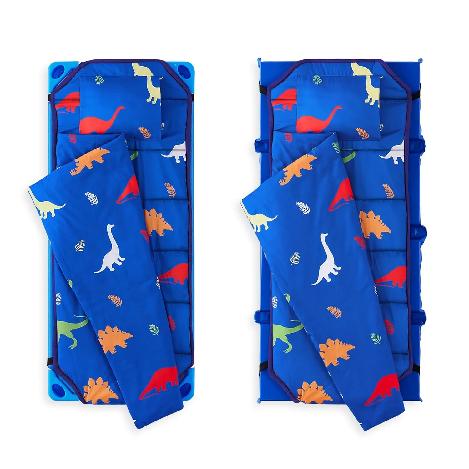 Wake In Cloud - Cot Nap Mat with Pillow and Blanket, for Toddler Kids Boys Girls in Daycare Kindergarten Preschool Pre K with Elastic Corner Straps, Dinosaur Dinos, Blue