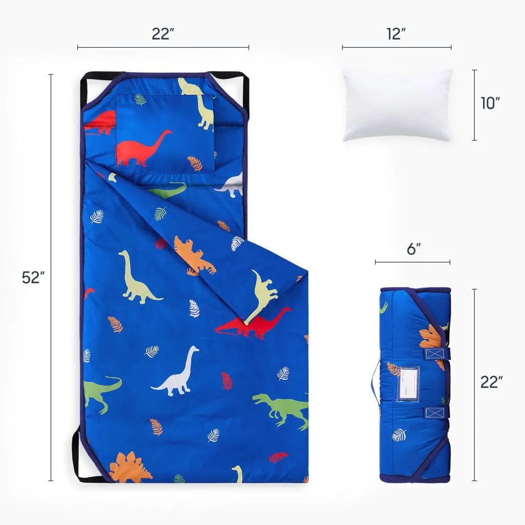 Wake In Cloud - Cot Nap Mat with Pillow and Blanket, for Toddler Kids Boys Girls in Daycare Kindergarten Preschool Pre K with Elastic Corner Straps, Dinosaur Dinos, Blue