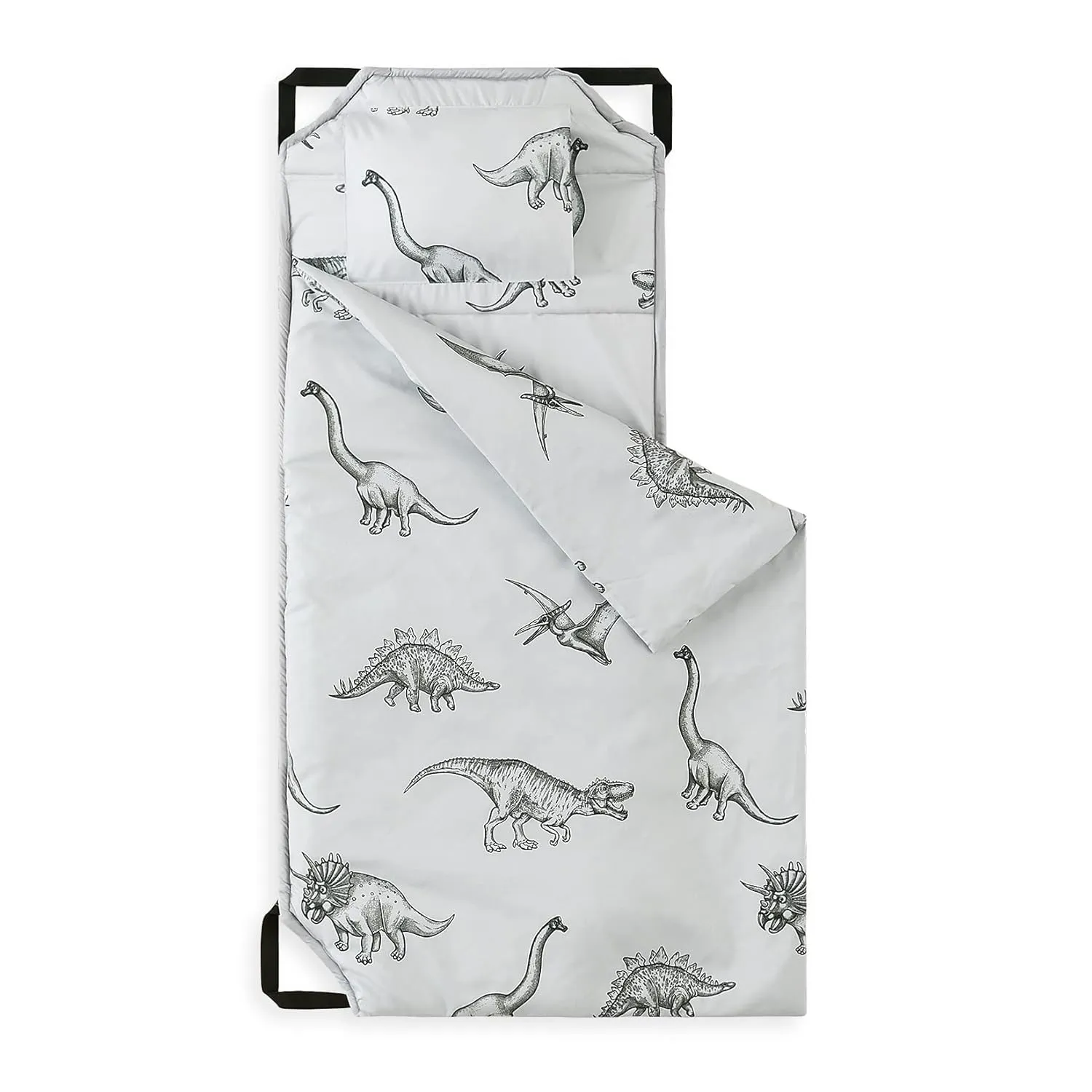 Wake In Cloud - Cot Nap Mat with Pillow and Blanket, for Toddler Kids Boys Girls in Daycare Kindergarten Preschool Pre K with Elastic Corner Straps, Dinosaur Dinos, Grey