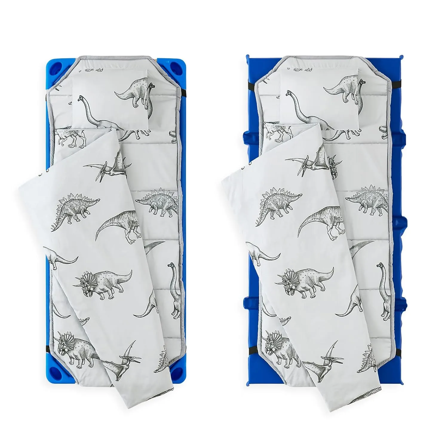 Wake In Cloud - Cot Nap Mat with Pillow and Blanket, for Toddler Kids Boys Girls in Daycare Kindergarten Preschool Pre K with Elastic Corner Straps, Dinosaur Dinos, Grey