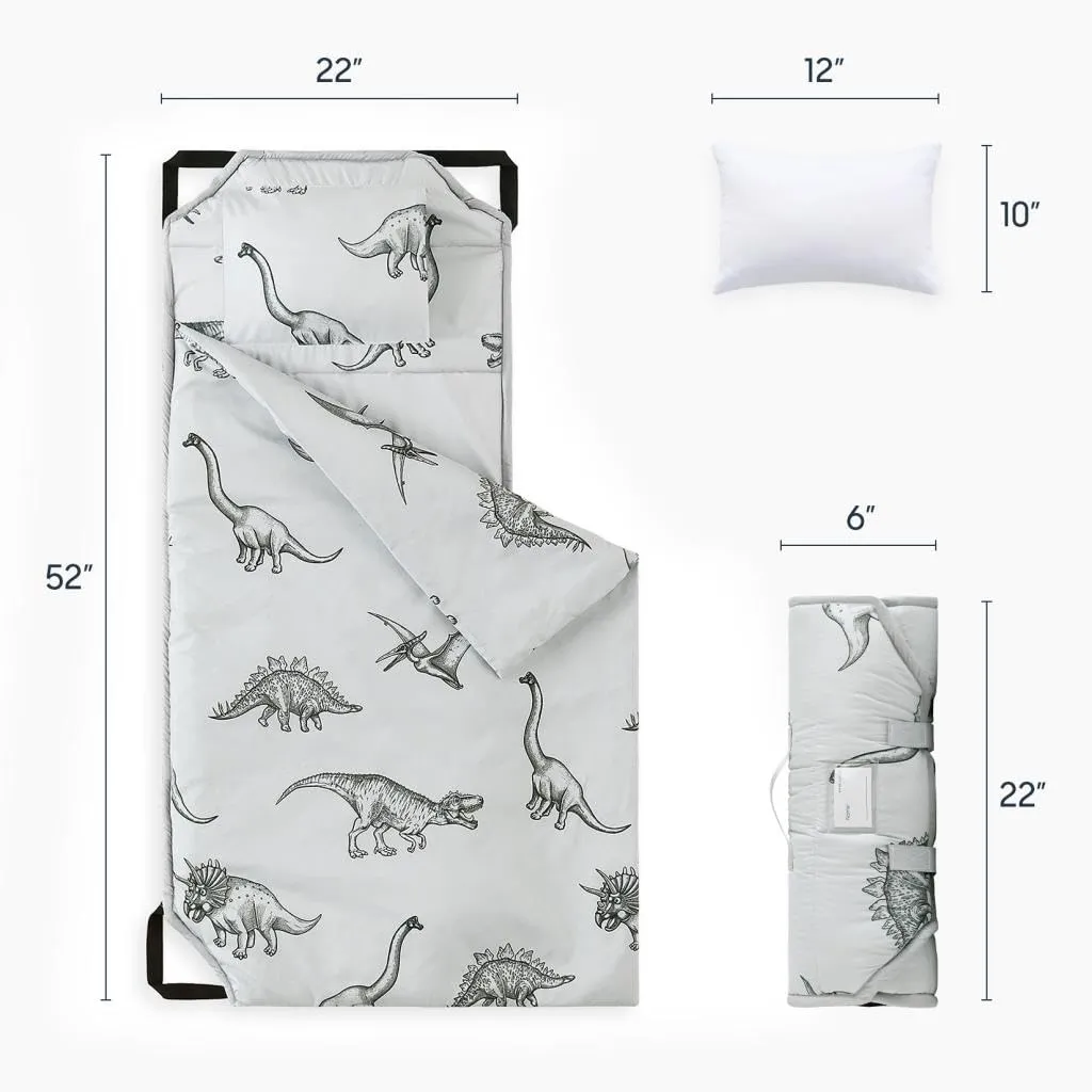 Wake In Cloud - Cot Nap Mat with Pillow and Blanket, for Toddler Kids Boys Girls in Daycare Kindergarten Preschool Pre K with Elastic Corner Straps, Dinosaur Dinos, Grey