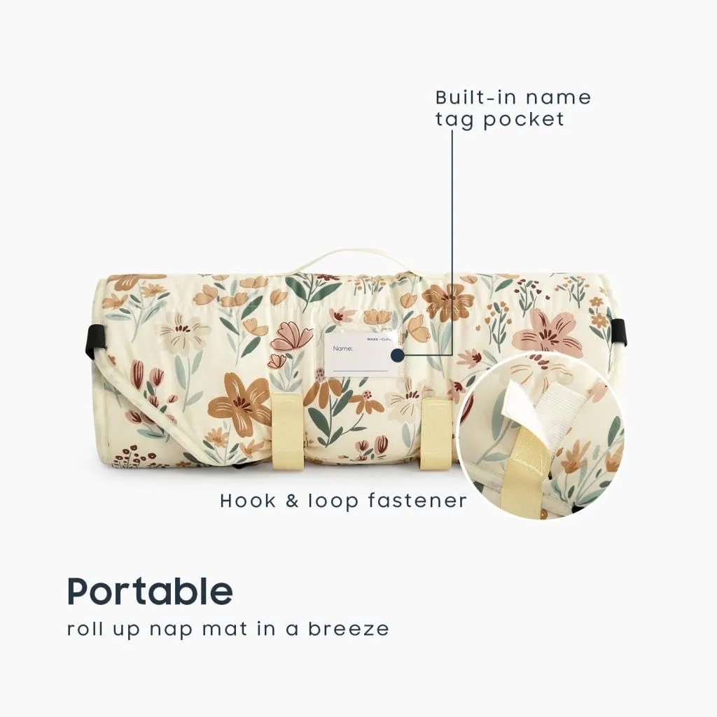 Wake In Cloud - Cot Nap Mat with Pillow and Blanket, for Toddler Kids Boys Girls in Daycare Kindergarten Preschool Pre K with Elastic Corner Straps, Floral Botanical Flowers, Orange Cream