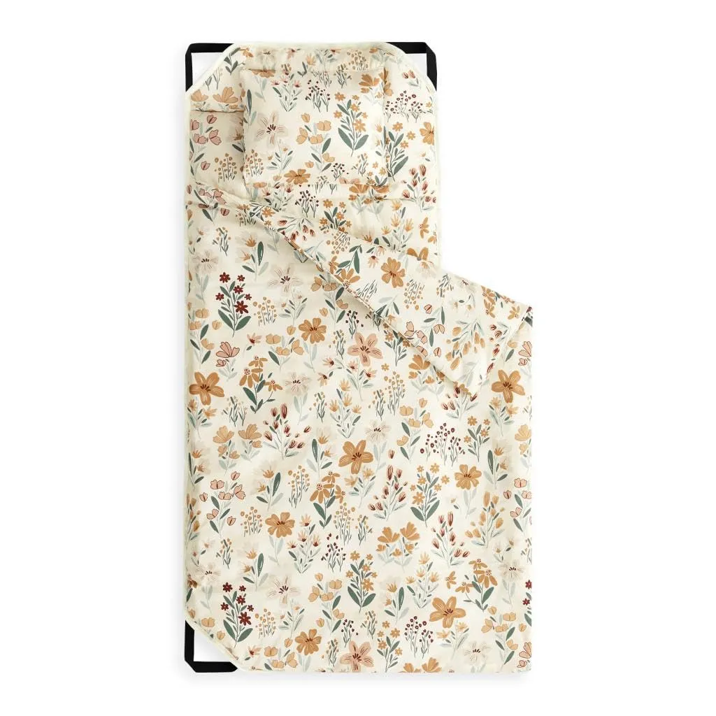 Wake In Cloud - Cot Nap Mat with Pillow and Blanket, for Toddler Kids Boys Girls in Daycare Kindergarten Preschool Pre K with Elastic Corner Straps, Floral Botanical Flowers, Orange Cream