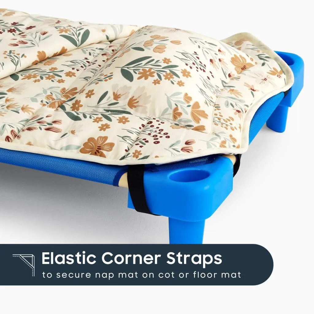 Wake In Cloud - Cot Nap Mat with Pillow and Blanket, for Toddler Kids Boys Girls in Daycare Kindergarten Preschool Pre K with Elastic Corner Straps, Floral Botanical Flowers, Orange Cream