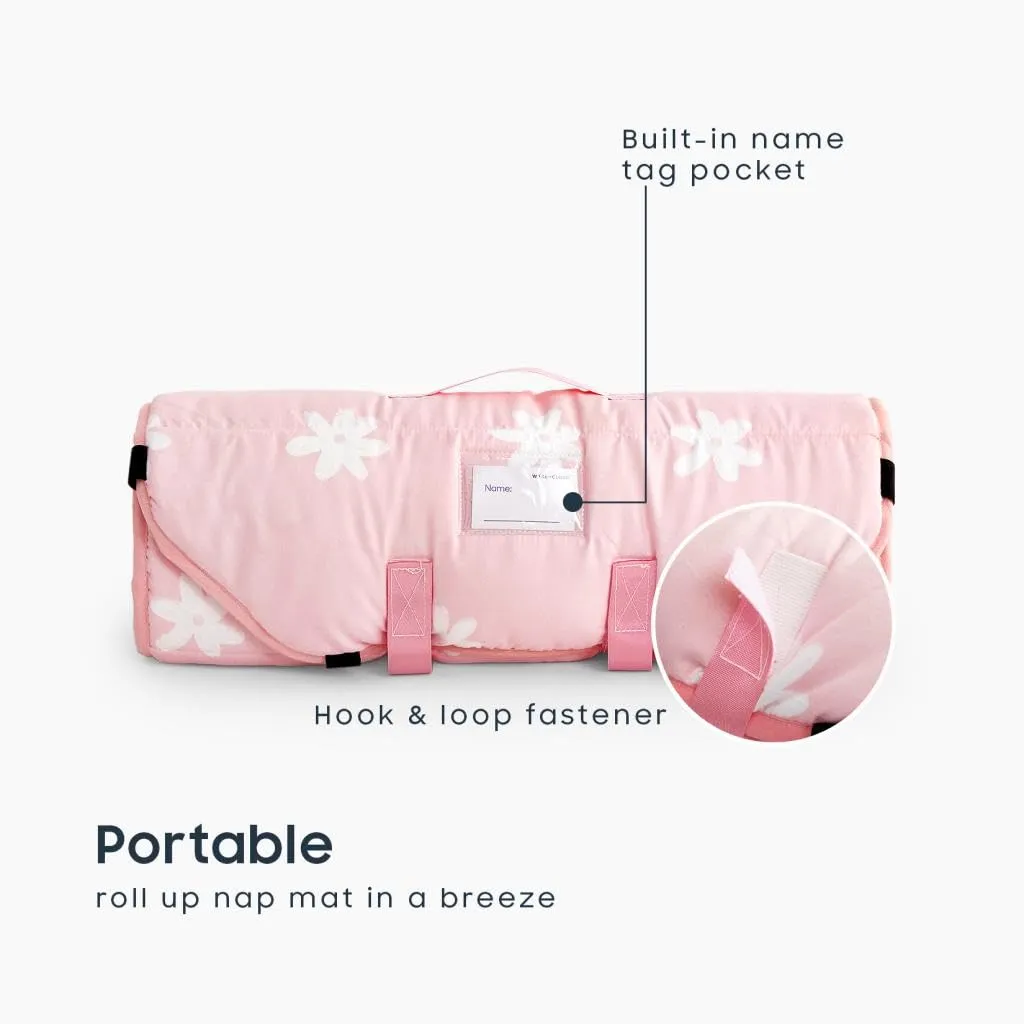Wake In Cloud - Cot Nap Mat with Pillow and Blanket, for Toddler Kids Boys Girls in Daycare Kindergarten Preschool Pre K with Elastic Corner Straps, Floral Botanical Flowers, Pink White