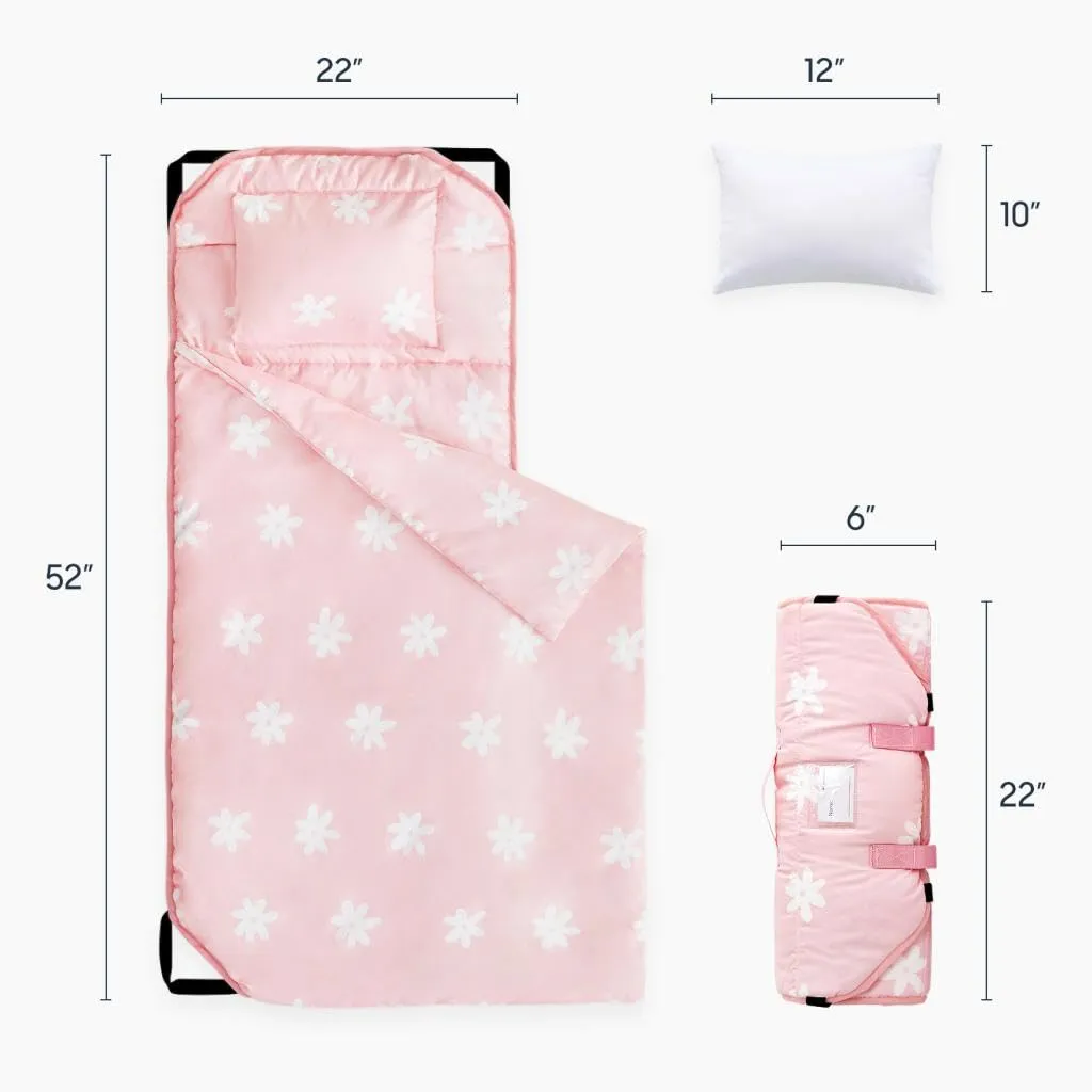 Wake In Cloud - Cot Nap Mat with Pillow and Blanket, for Toddler Kids Boys Girls in Daycare Kindergarten Preschool Pre K with Elastic Corner Straps, Floral Botanical Flowers, Pink White