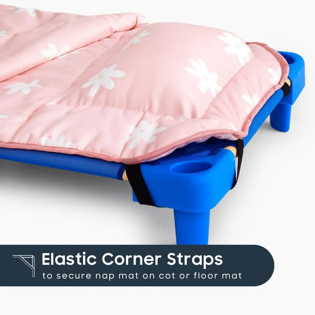 Wake In Cloud - Cot Nap Mat with Pillow and Blanket, for Toddler Kids Boys Girls in Daycare Kindergarten Preschool Pre K with Elastic Corner Straps, Floral Botanical Flowers, Pink White