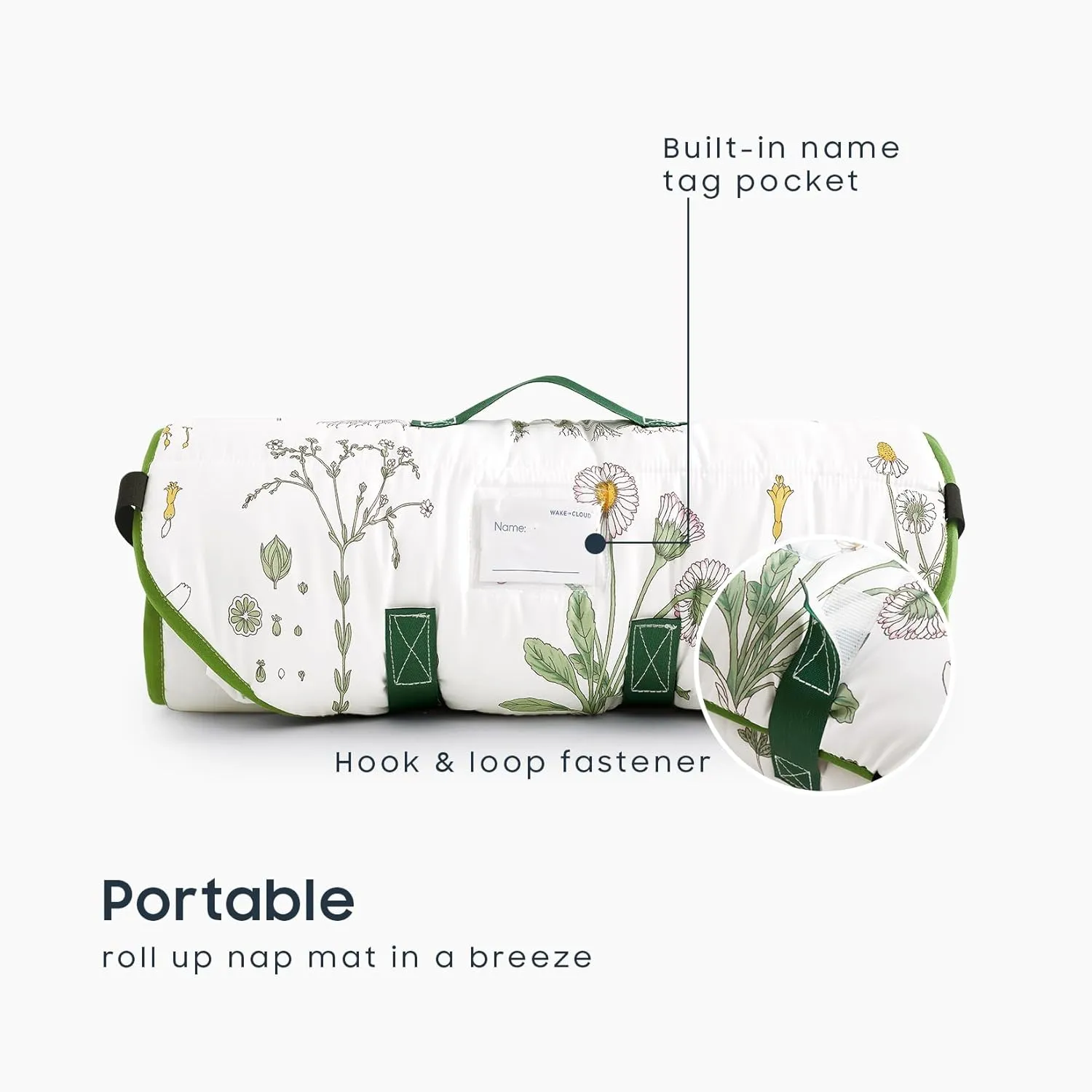 Wake In Cloud - Cot Nap Mat with Pillow and Blanket, for Toddler Kids Boys Girls in Daycare Kindergarten Preschool Pre K with Elastic Corner Straps, Floral Botanical Flowers, White Green