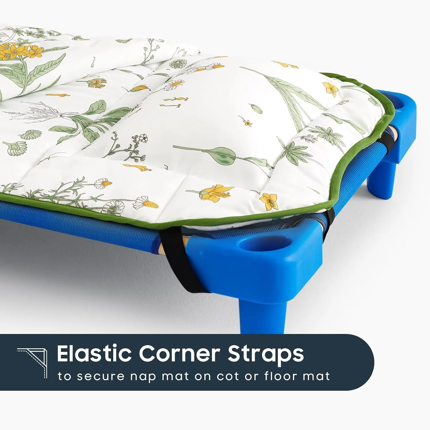 Wake In Cloud - Cot Nap Mat with Pillow and Blanket, for Toddler Kids Boys Girls in Daycare Kindergarten Preschool Pre K with Elastic Corner Straps, Floral Botanical Flowers, White Green