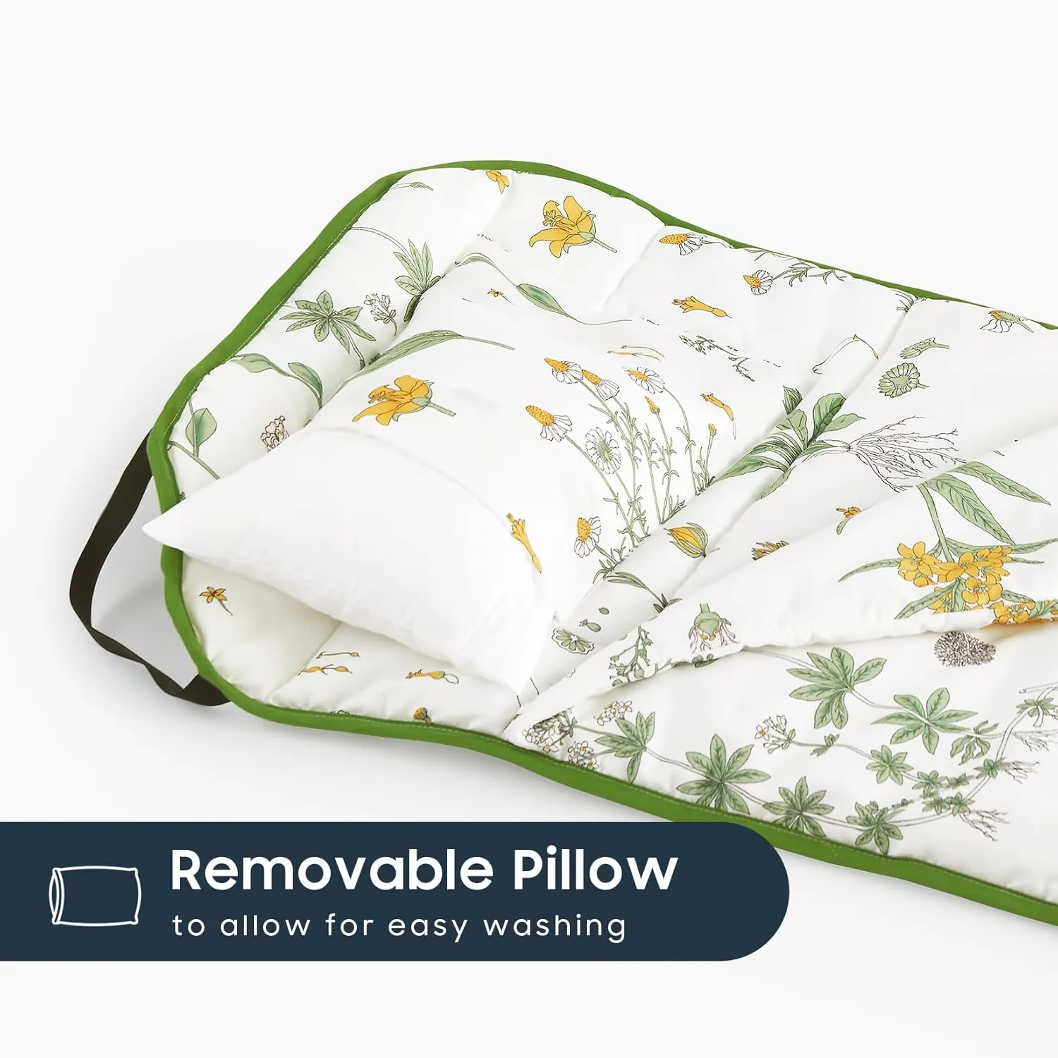 Wake In Cloud - Cot Nap Mat with Pillow and Blanket, for Toddler Kids Boys Girls in Daycare Kindergarten Preschool Pre K with Elastic Corner Straps, Floral Botanical Flowers, White Green