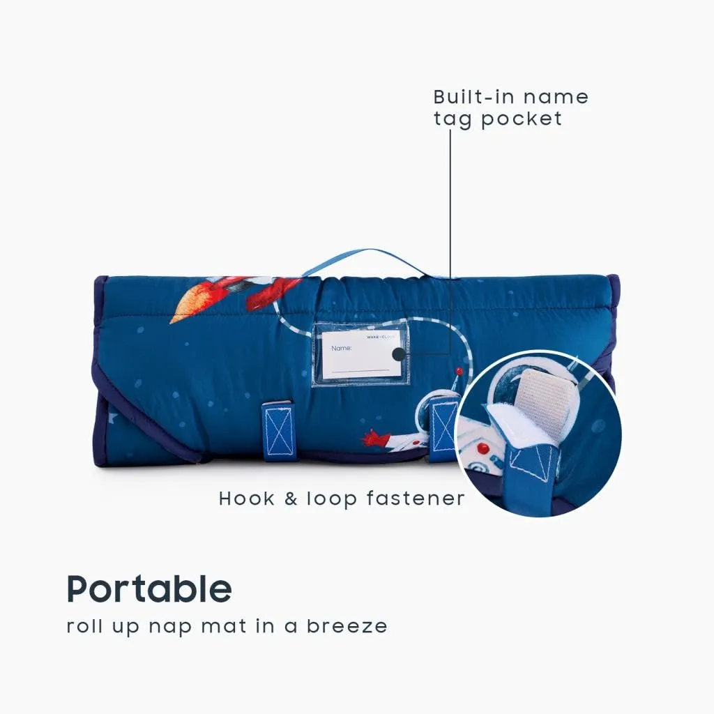 Wake In Cloud - Cot Nap Mat with Pillow and Blanket, for Toddler Kids Boys Girls in Daycare Kindergarten Preschool Pre K with Elastic Corner Straps, Spaces Stars Planet Galaxy, Blue White Red