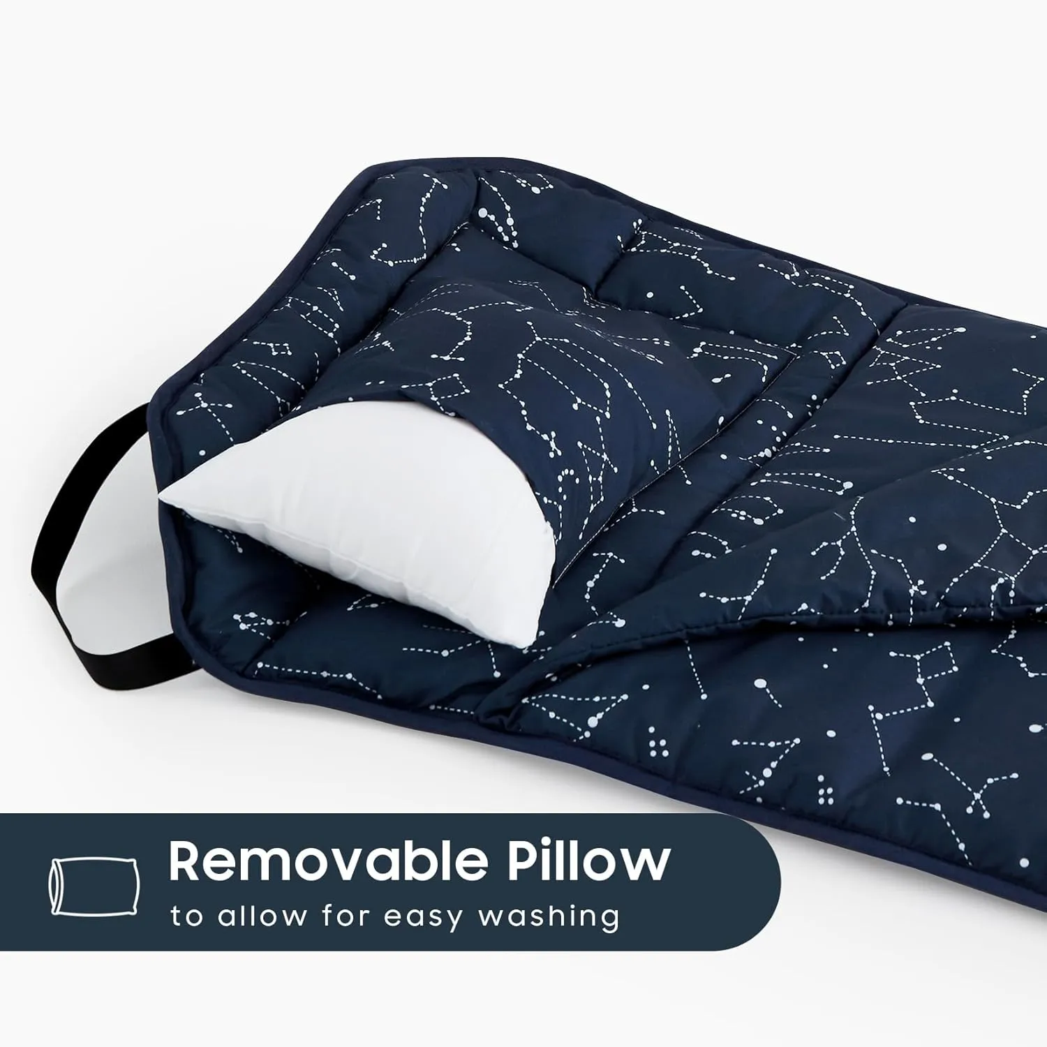 Wake In Cloud - Cot Nap Mat with Pillow and Blanket, for Toddler Kids Boys Girls in Daycare Kindergarten Preschool Pre K with Elastic Corner Straps, Spaces Stars Planet Galaxy, Navy Blue