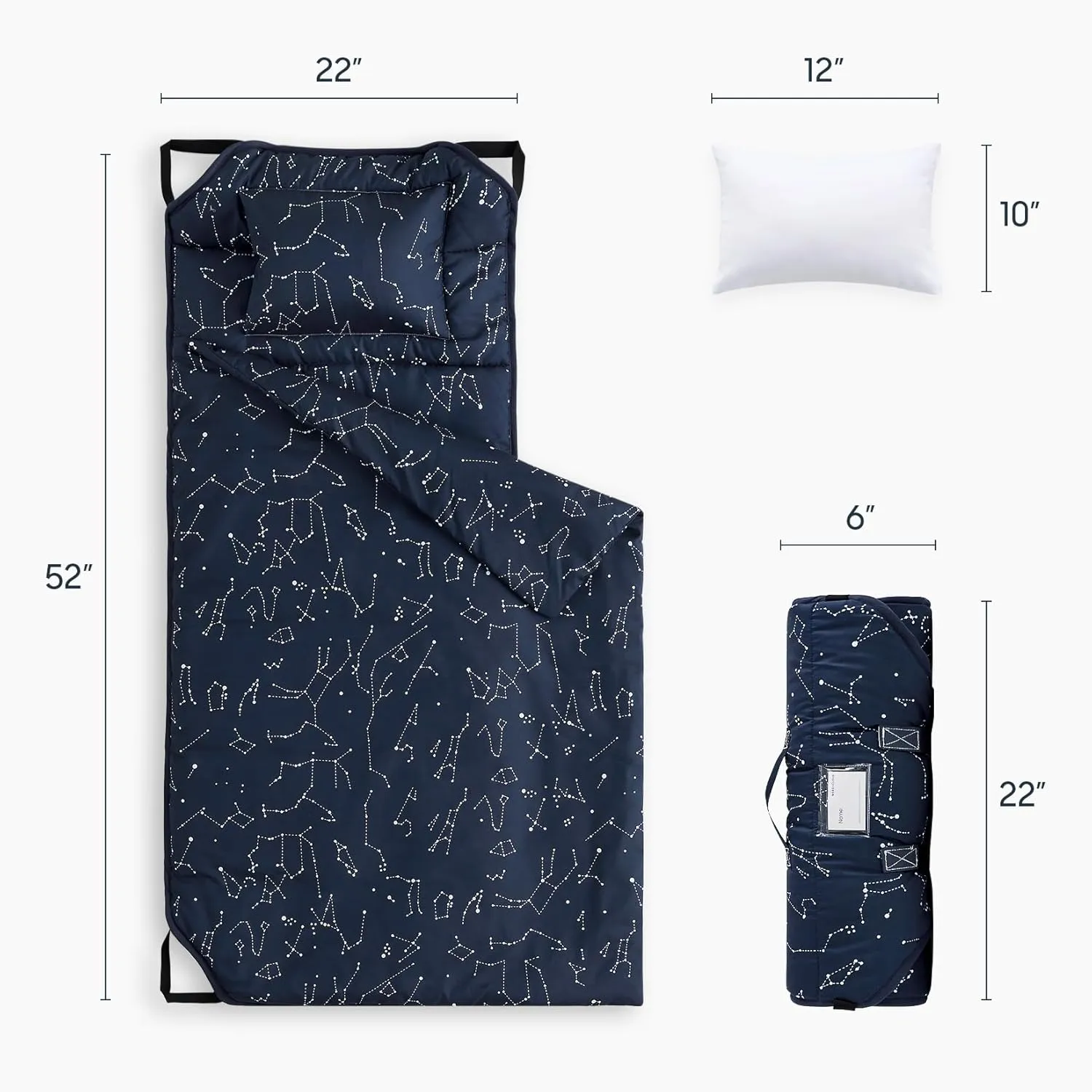 Wake In Cloud - Cot Nap Mat with Pillow and Blanket, for Toddler Kids Boys Girls in Daycare Kindergarten Preschool Pre K with Elastic Corner Straps, Spaces Stars Planet Galaxy, Navy Blue