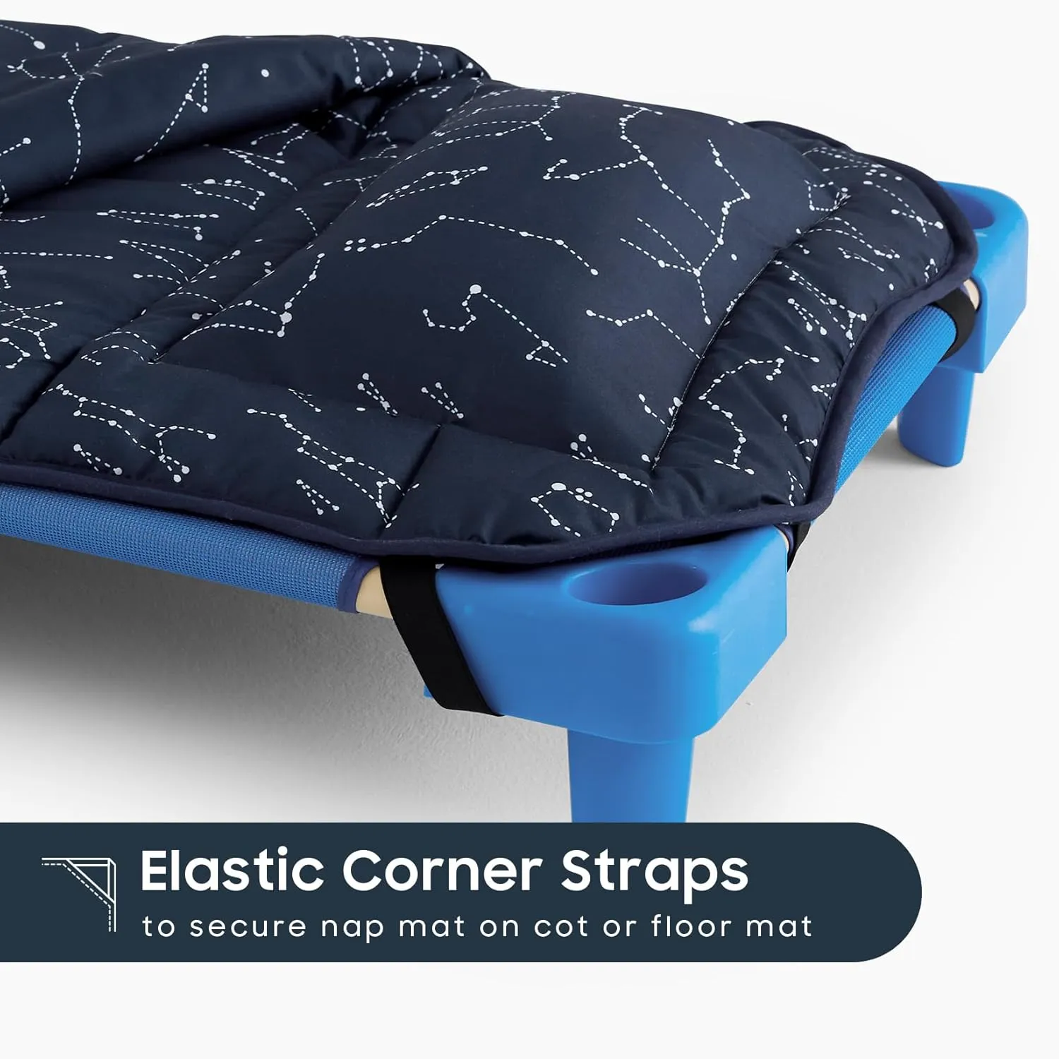 Wake In Cloud - Cot Nap Mat with Pillow and Blanket, for Toddler Kids Boys Girls in Daycare Kindergarten Preschool Pre K with Elastic Corner Straps, Spaces Stars Planet Galaxy, Navy Blue