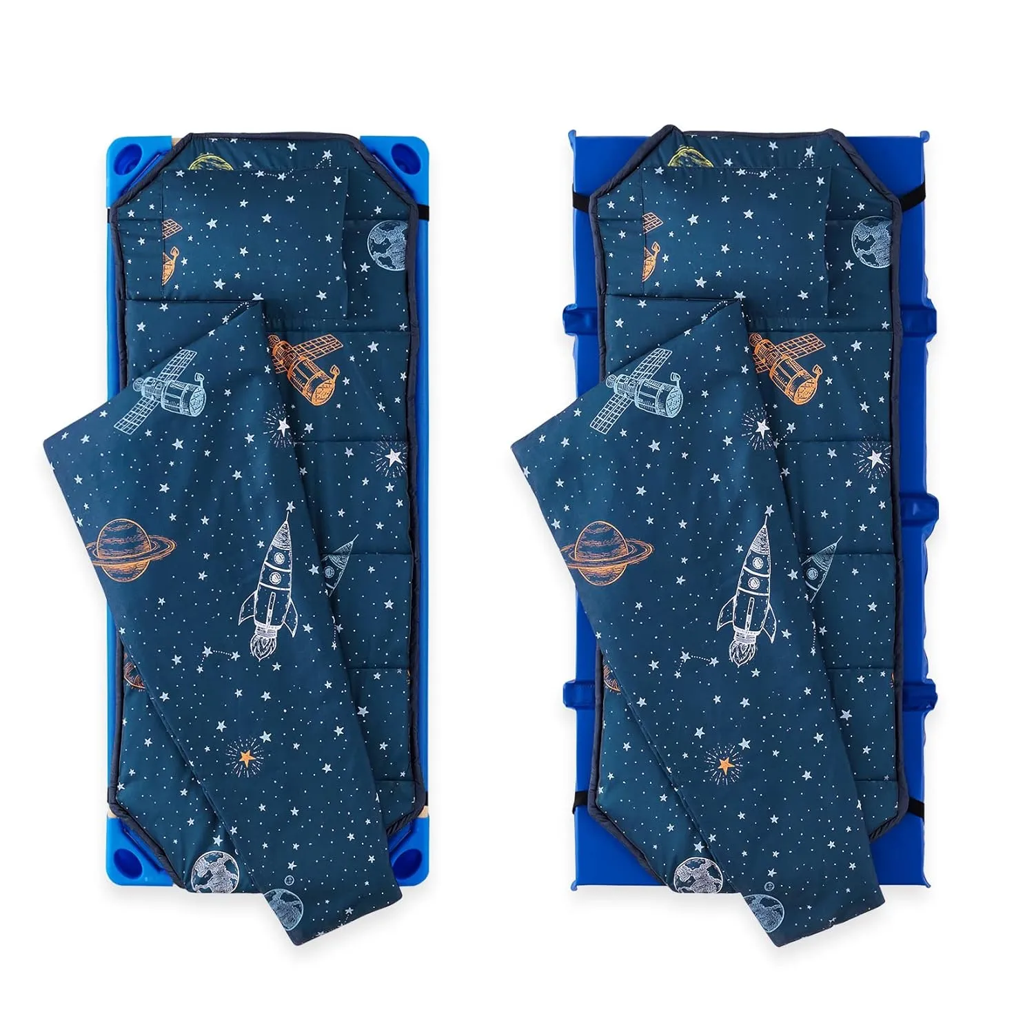 Wake In Cloud - Cot Nap Mat with Pillow and Blanket, for Toddler Kids Boys Girls in Daycare Kindergarten Preschool Pre K with Elastic Corner Straps, Spaces Stars Planet Galaxy, Navy White Orange
