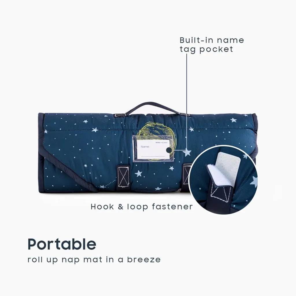 Wake In Cloud - Cot Nap Mat with Pillow and Blanket, for Toddler Kids Boys Girls in Daycare Kindergarten Preschool Pre K with Elastic Corner Straps, Spaces Stars Planet Galaxy, Navy White Orange