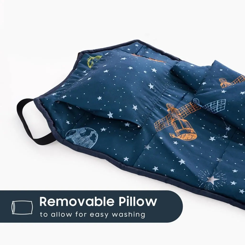 Wake In Cloud - Cot Nap Mat with Pillow and Blanket, for Toddler Kids Boys Girls in Daycare Kindergarten Preschool Pre K with Elastic Corner Straps, Spaces Stars Planet Galaxy, Navy White Orange