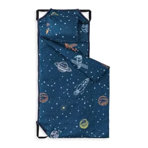 Wake In Cloud - Cot Nap Mat with Pillow and Blanket, for Toddler Kids Boys Girls in Daycare Kindergarten Preschool Pre K with Elastic Corner Straps, Spaces Stars Planet Galaxy, Navy White Orange