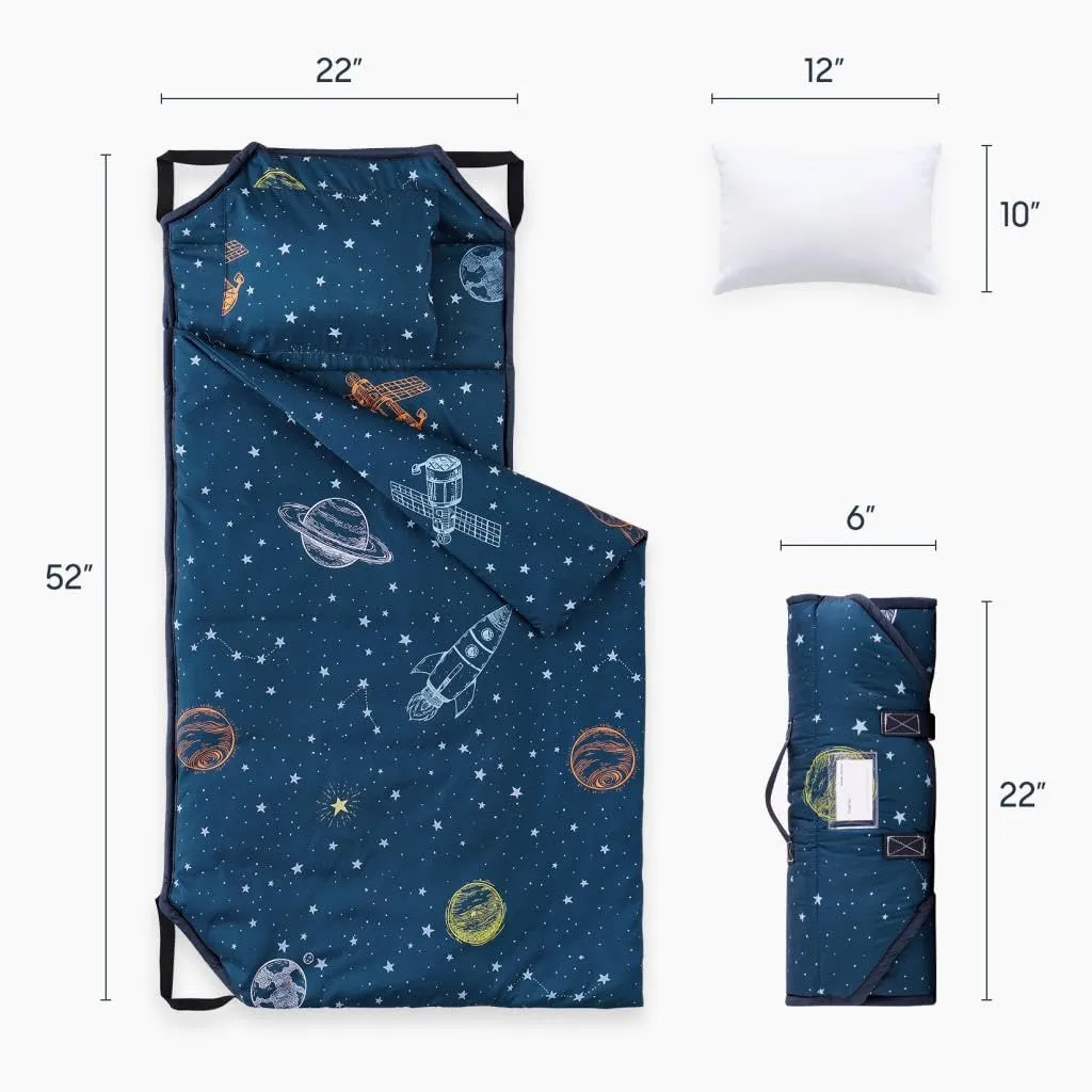 Wake In Cloud - Cot Nap Mat with Pillow and Blanket, for Toddler Kids Boys Girls in Daycare Kindergarten Preschool Pre K with Elastic Corner Straps, Spaces Stars Planet Galaxy, Navy White Orange