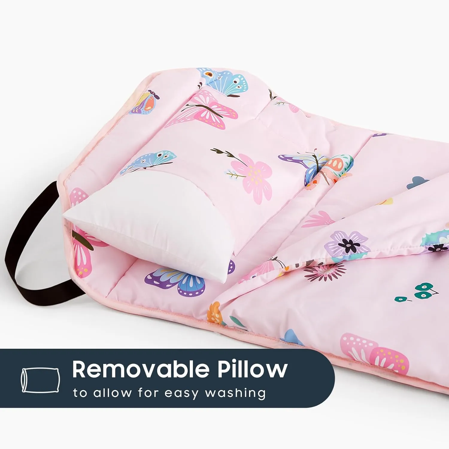 Wake In Cloud - Cot Nap Mat with Pillow and Blanket, for Toddler Kids Girls in Daycare Kindergarten Preschool Pre K with Elastic Corner Straps, Cute Butterfly Flowers, Pink