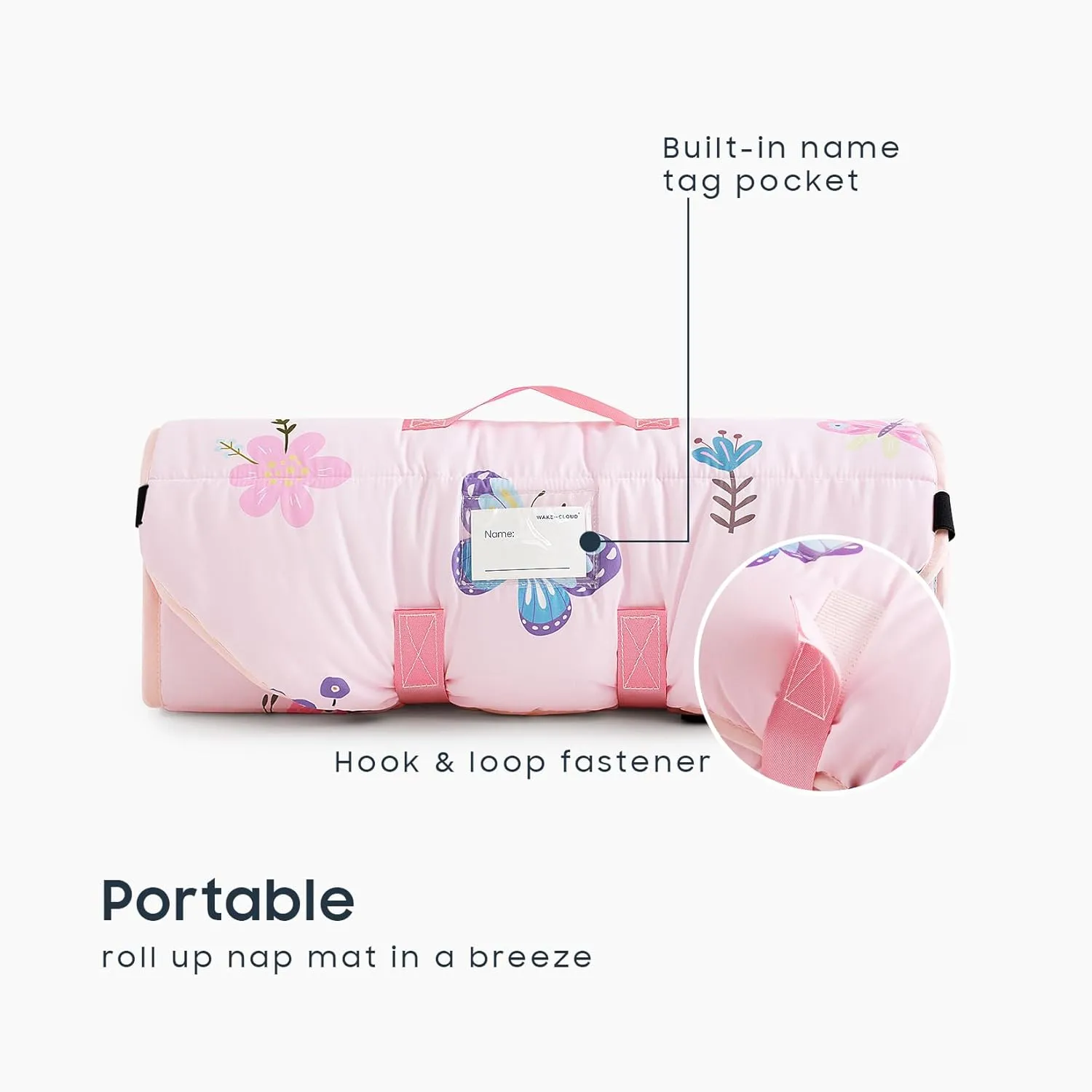 Wake In Cloud - Cot Nap Mat with Pillow and Blanket, for Toddler Kids Girls in Daycare Kindergarten Preschool Pre K with Elastic Corner Straps, Cute Butterfly Flowers, Pink