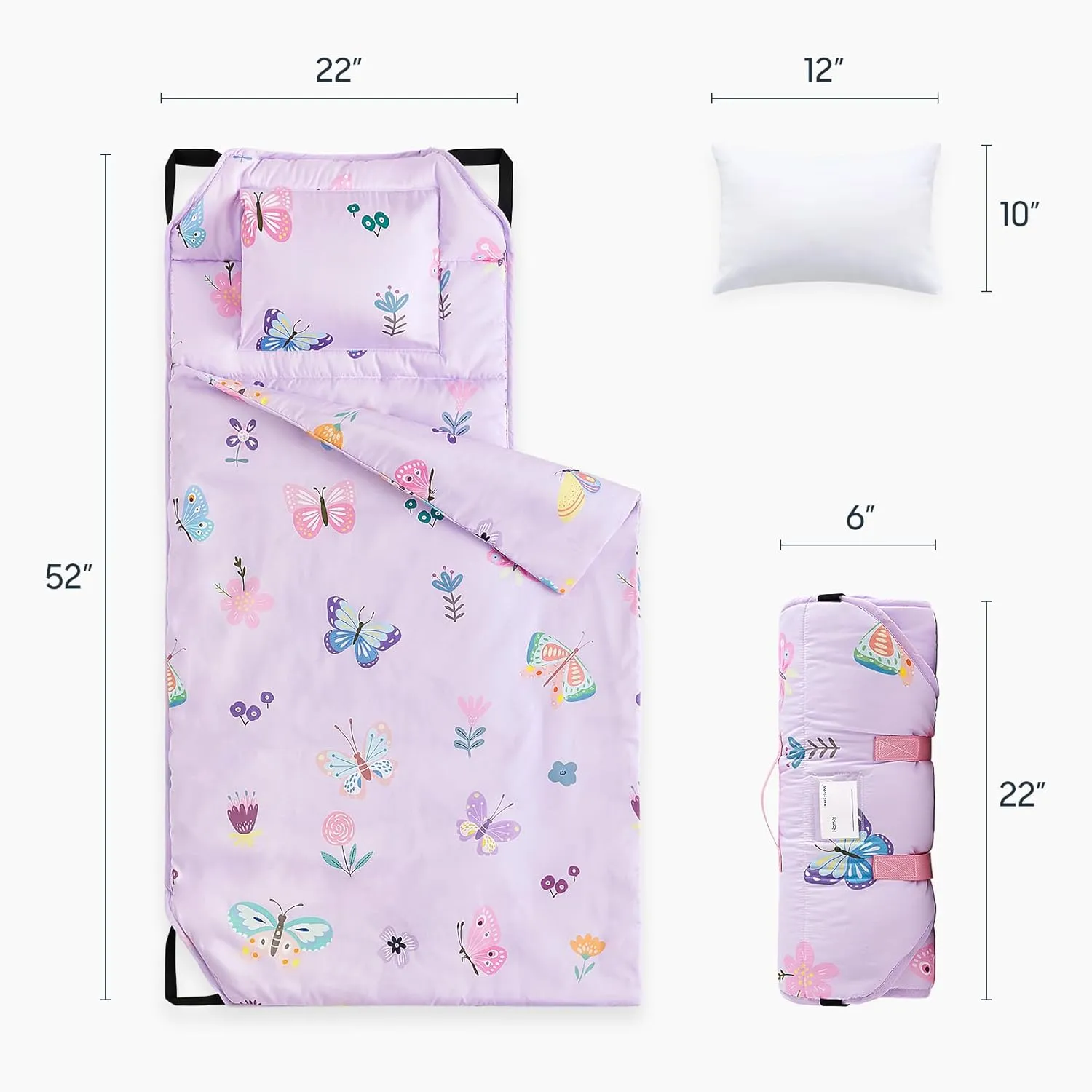 Wake In Cloud - Cot Nap Mat with Pillow and Blanket, for Toddler Kids Girls in Daycare Kindergarten Preschool Pre K with Elastic Corner Straps, Cute Butterfly Flowers, Purple
