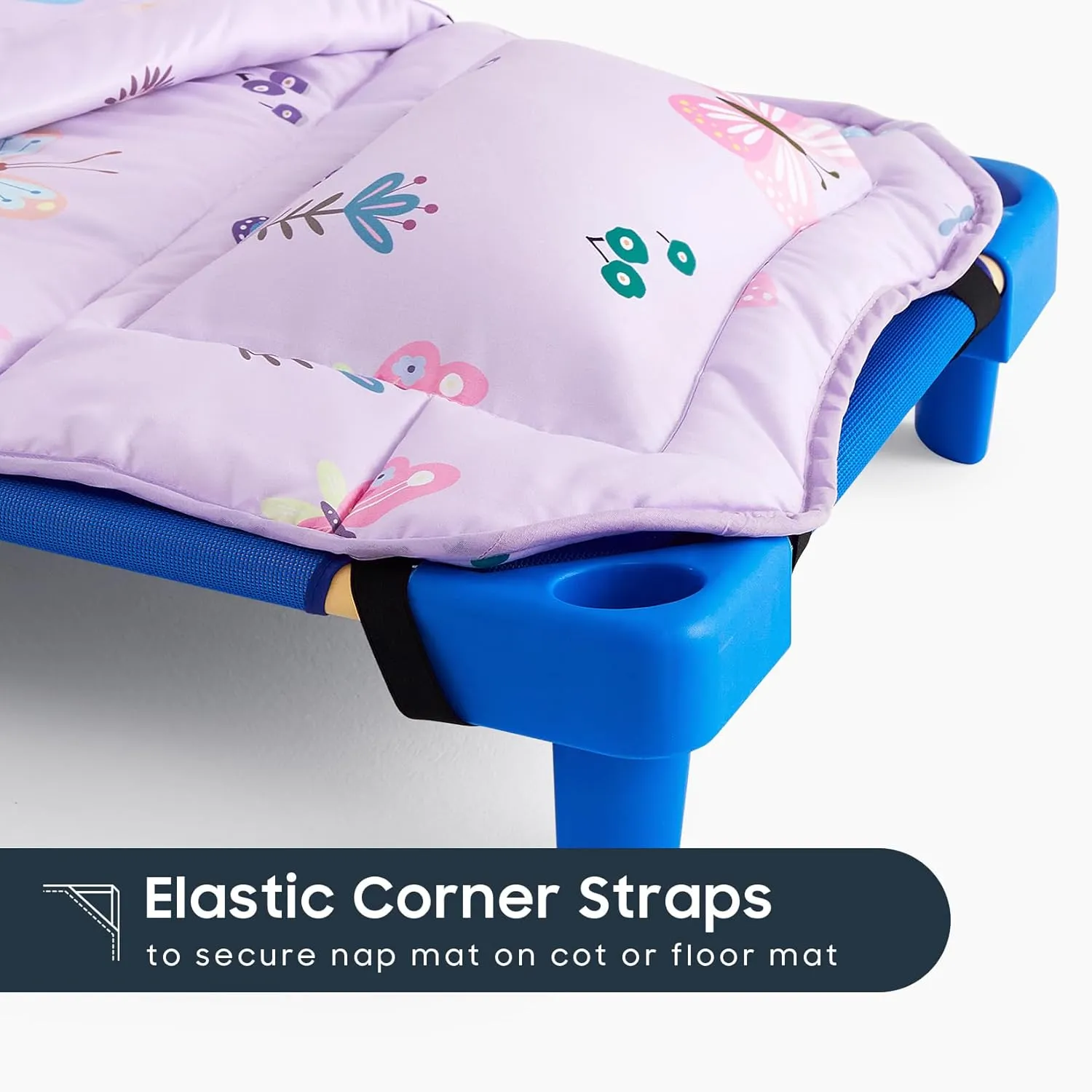 Wake In Cloud - Cot Nap Mat with Pillow and Blanket, for Toddler Kids Girls in Daycare Kindergarten Preschool Pre K with Elastic Corner Straps, Cute Butterfly Flowers, Purple