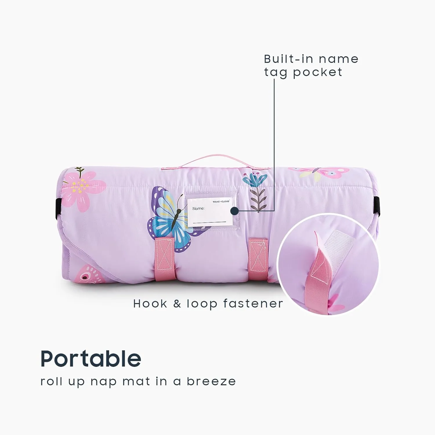Wake In Cloud - Cot Nap Mat with Pillow and Blanket, for Toddler Kids Girls in Daycare Kindergarten Preschool Pre K with Elastic Corner Straps, Cute Butterfly Flowers, Purple