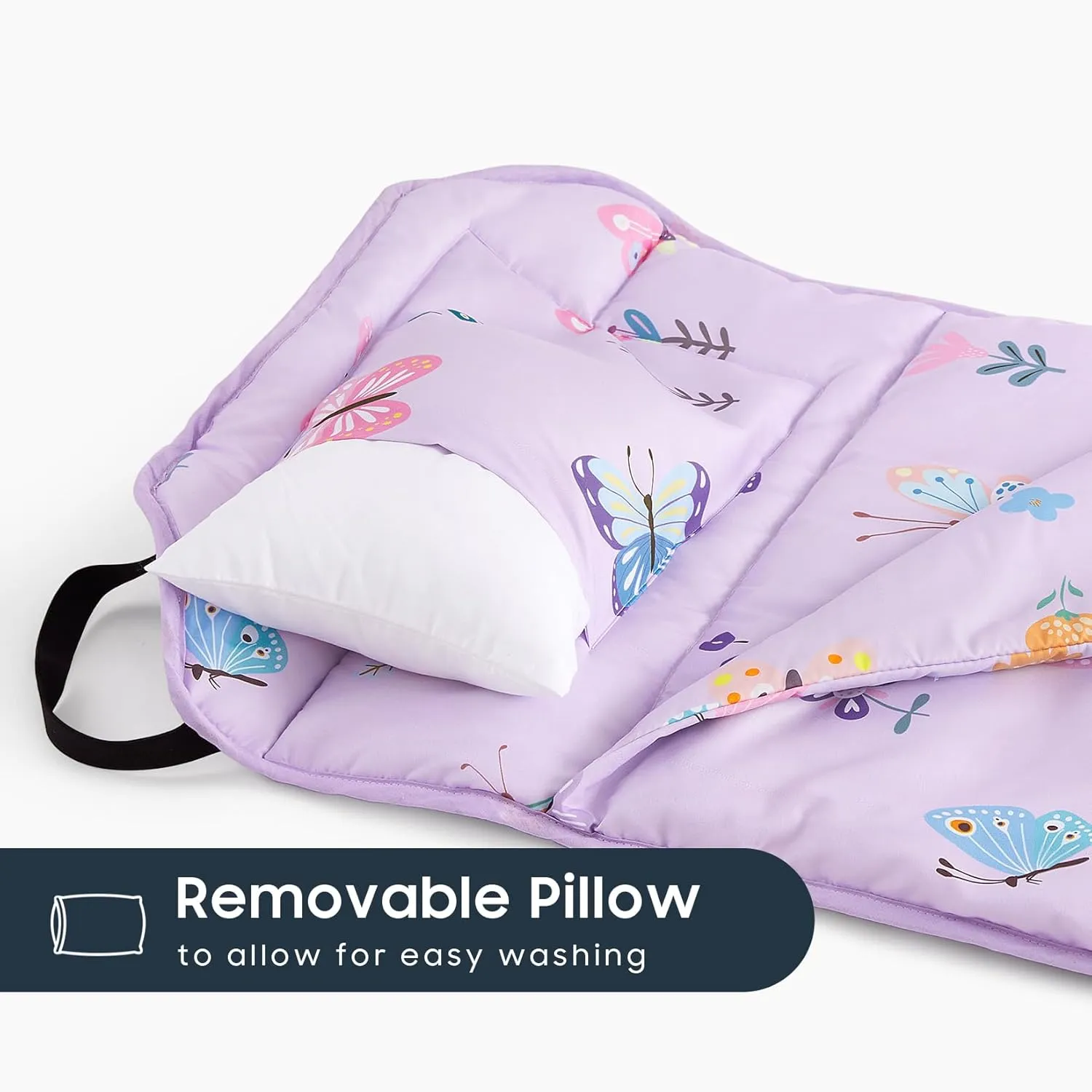 Wake In Cloud - Cot Nap Mat with Pillow and Blanket, for Toddler Kids Girls in Daycare Kindergarten Preschool Pre K with Elastic Corner Straps, Cute Butterfly Flowers, Purple