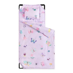 Wake In Cloud - Cot Nap Mat with Pillow and Blanket, for Toddler Kids Girls in Daycare Kindergarten Preschool Pre K with Elastic Corner Straps, Cute Butterfly Flowers, Purple