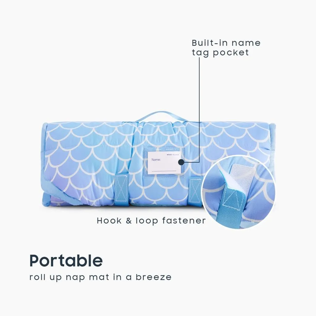 Wake In Cloud - Cot Nap Mat with Pillow and Blanket, for Toddler Kids Girls in Daycare Kindergarten Preschool Pre K with Elastic Corner Straps, Cute Mermaids Theme, Purple Blue