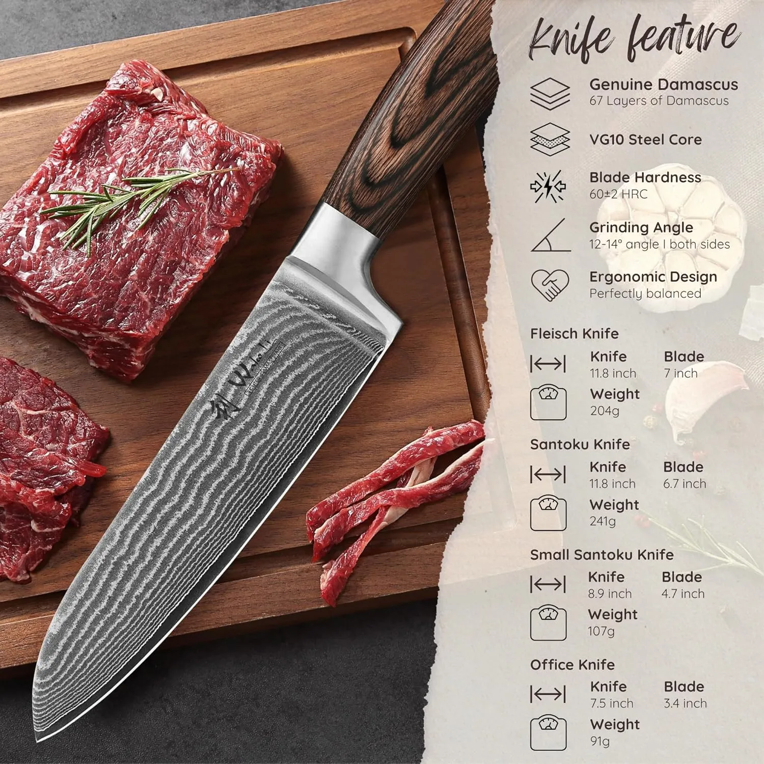 Wakoli Damascus Kitchen Knife Set, 4 Pieces Professional Chef Knife Set made from 67 Layers of Damascus Steel with VG10 Core, Knives Set for Kitchen with Pakkawood Handles in Gift Box (EDIB 4-pcs)