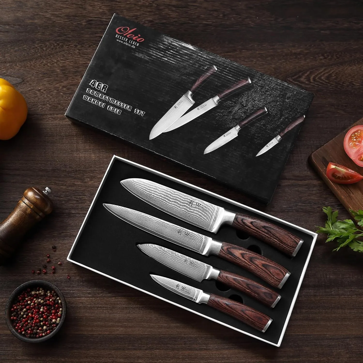 Wakoli Damascus Kitchen Knife Set, 4 Pieces Professional Chef Knife Set made from 67 Layers of Damascus Steel with VG10 Core, Knives Set for Kitchen with Pakkawood Handles in Gift Box (EDIB 4-pcs)
