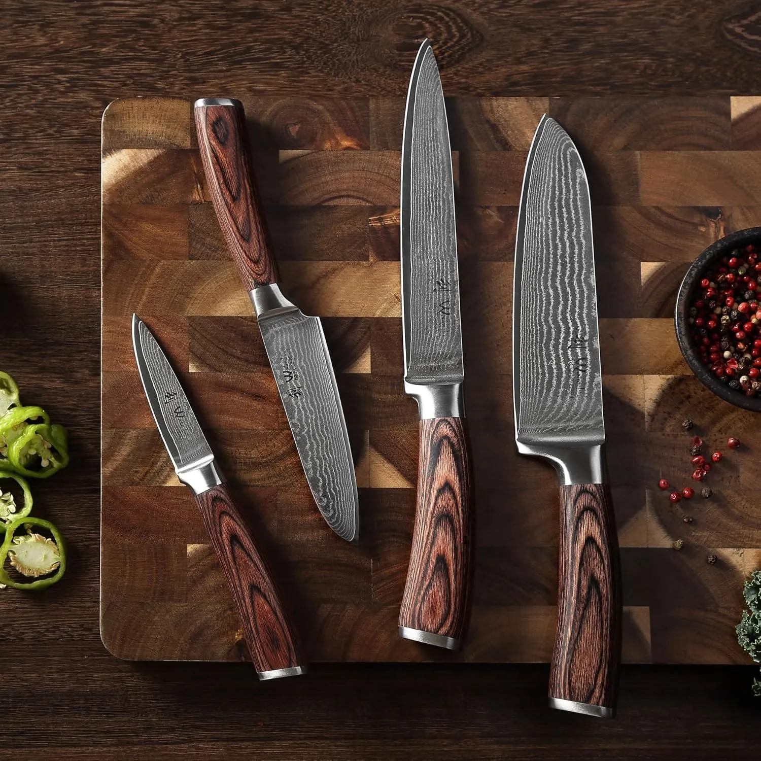 Wakoli Damascus Kitchen Knife Set, 4 Pieces Professional Chef Knife Set made from 67 Layers of Damascus Steel with VG10 Core, Knives Set for Kitchen with Pakkawood Handles in Gift Box (EDIB 4-pcs)