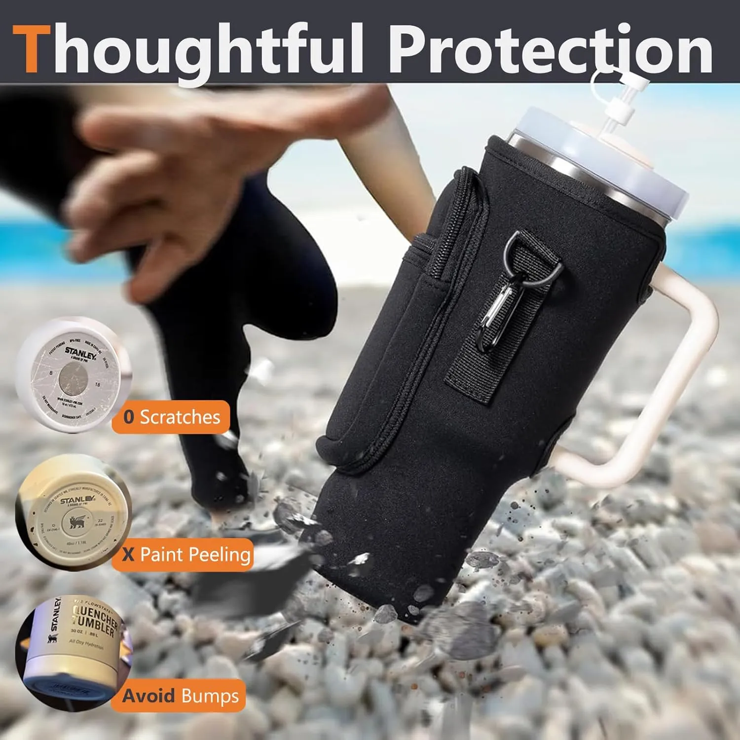 Water Bottle Carrier Bag with Phone Pocket for Stanley 30oz, Insulated Neoprene Water Bottle Holder Pouch with Adjustable Strap Bollus with Straw Cover & Carabiner for Stanley Cup
