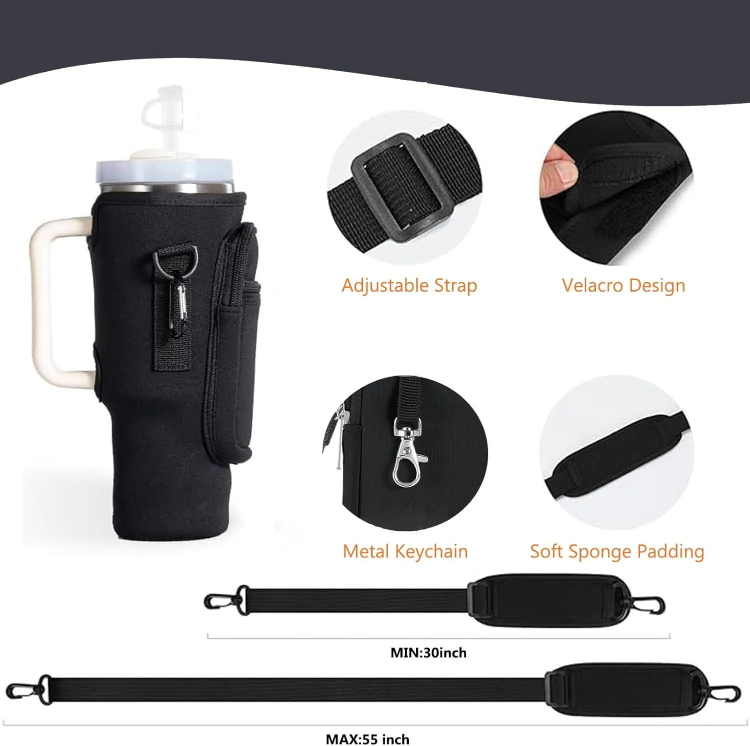 Water Bottle Carrier Bag with Phone Pocket for Stanley 30oz, Insulated Neoprene Water Bottle Holder Pouch with Adjustable Strap Bollus with Straw Cover & Carabiner for Stanley Cup