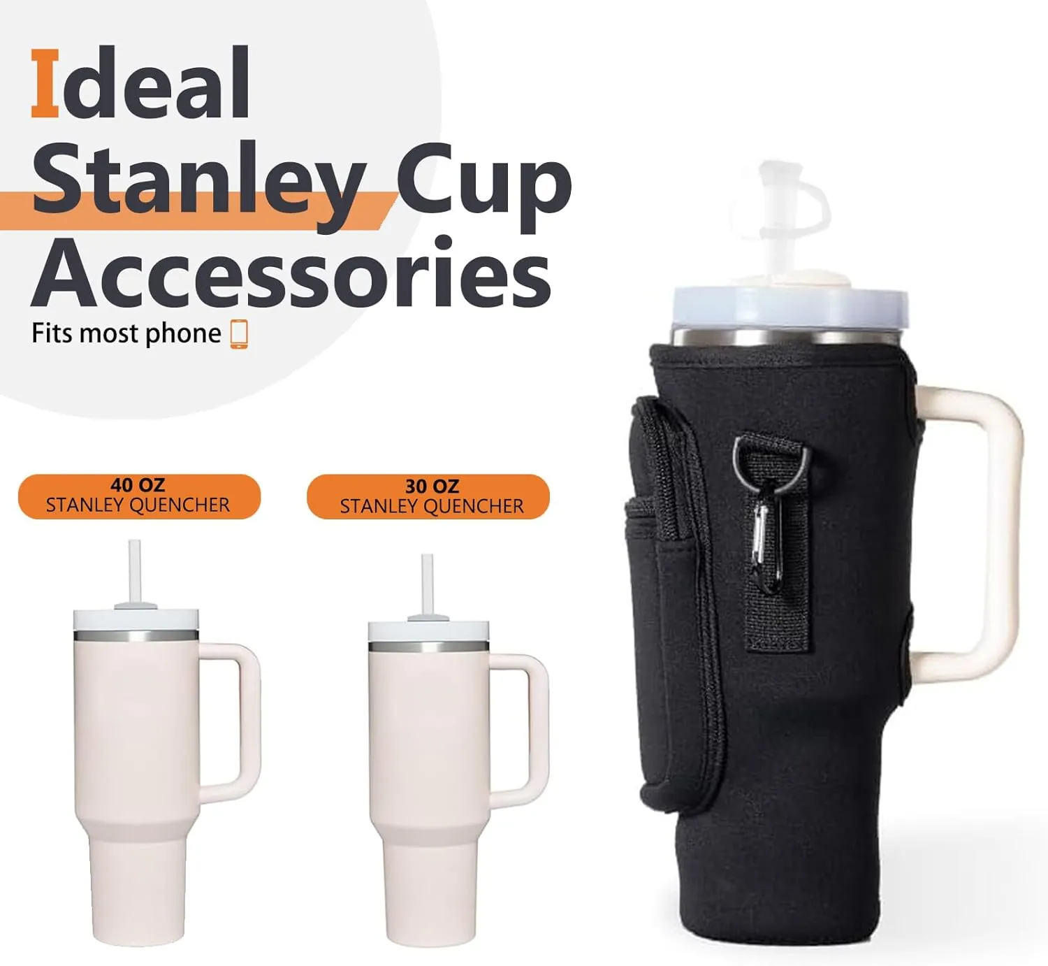 Water Bottle Carrier Bag with Phone Pocket for Stanley 30oz, Insulated Neoprene Water Bottle Holder Pouch with Adjustable Strap Bollus with Straw Cover & Carabiner for Stanley Cup