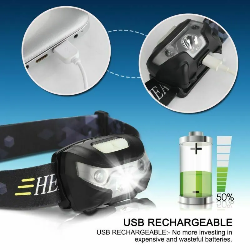 Waterproof Head Torch LED Headlamp Flashlight USB Rechargeable Camping Fish CREE