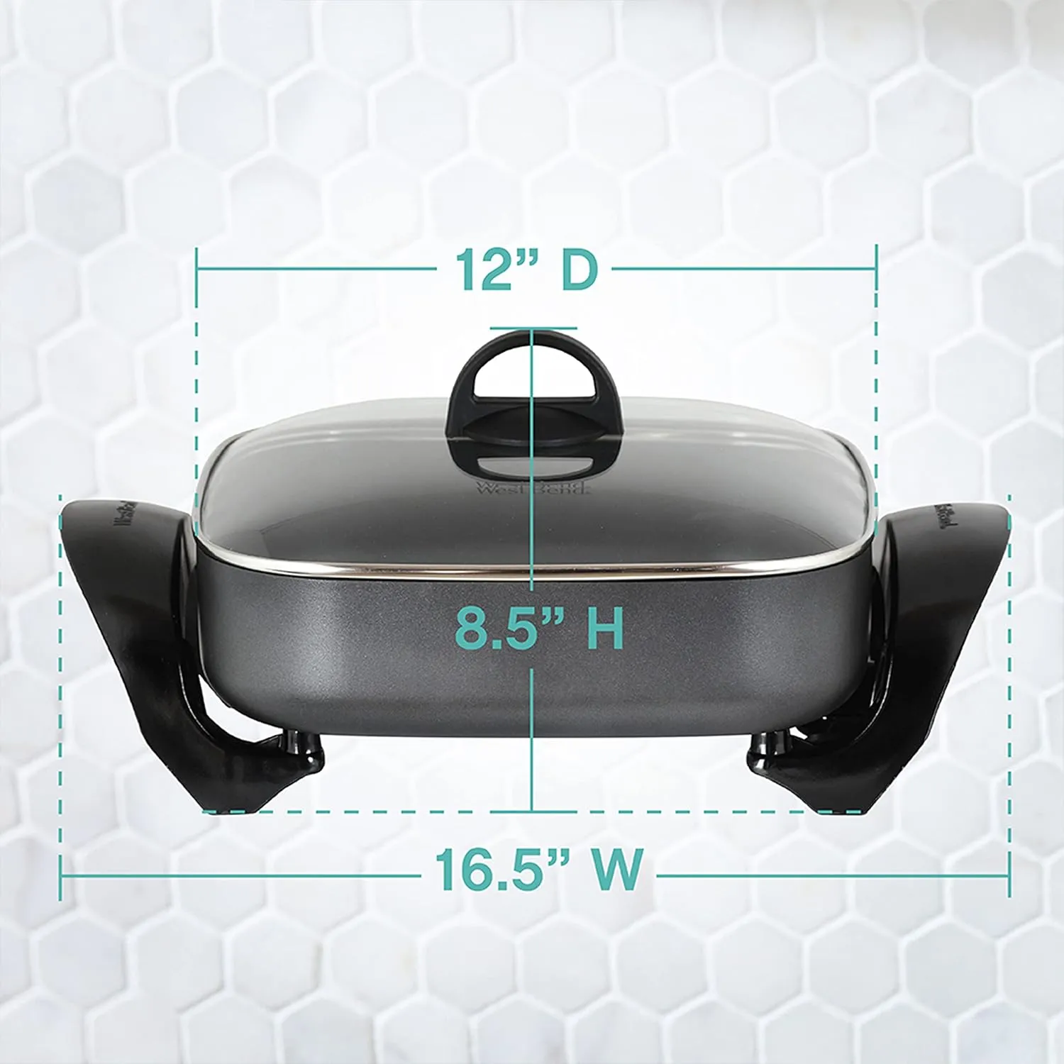 West Bend Electric Skillet Family-Sized 3-Inch Deep with Diamond Shield Scratch-Resistant Non-Stick Finish & Grease Channel for Healthier Cooking, 12-Inch, Gray