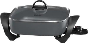 West Bend Electric Skillet Family-Sized 3-Inch Deep with Diamond Shield Scratch-Resistant Non-Stick Finish & Grease Channel for Healthier Cooking, 12-Inch, Gray