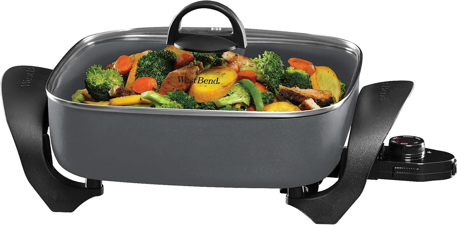 West Bend Electric Skillet Family-Sized 3-Inch Deep with Diamond Shield Scratch-Resistant Non-Stick Finish & Grease Channel for Healthier Cooking, 12-Inch, Gray