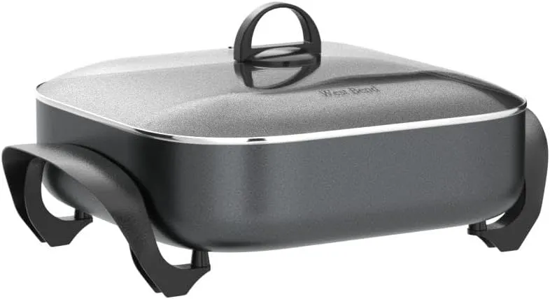 West Bend Electric Skillet Family-Sized 3-Inch Deep with Diamond Shield Scratch-Resistant Non-Stick Finish & Grease Channel for Healthier Cooking, 12-Inch, Gray
