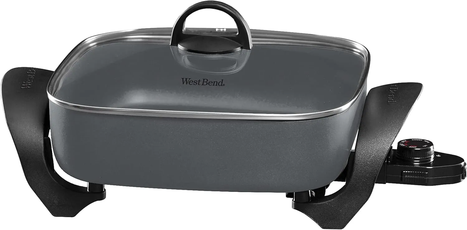 West Bend Electric Skillet Family-Sized 3-Inch Deep with Diamond Shield Scratch-Resistant Non-Stick Finish & Grease Channel for Healthier Cooking, 12-Inch, Gray