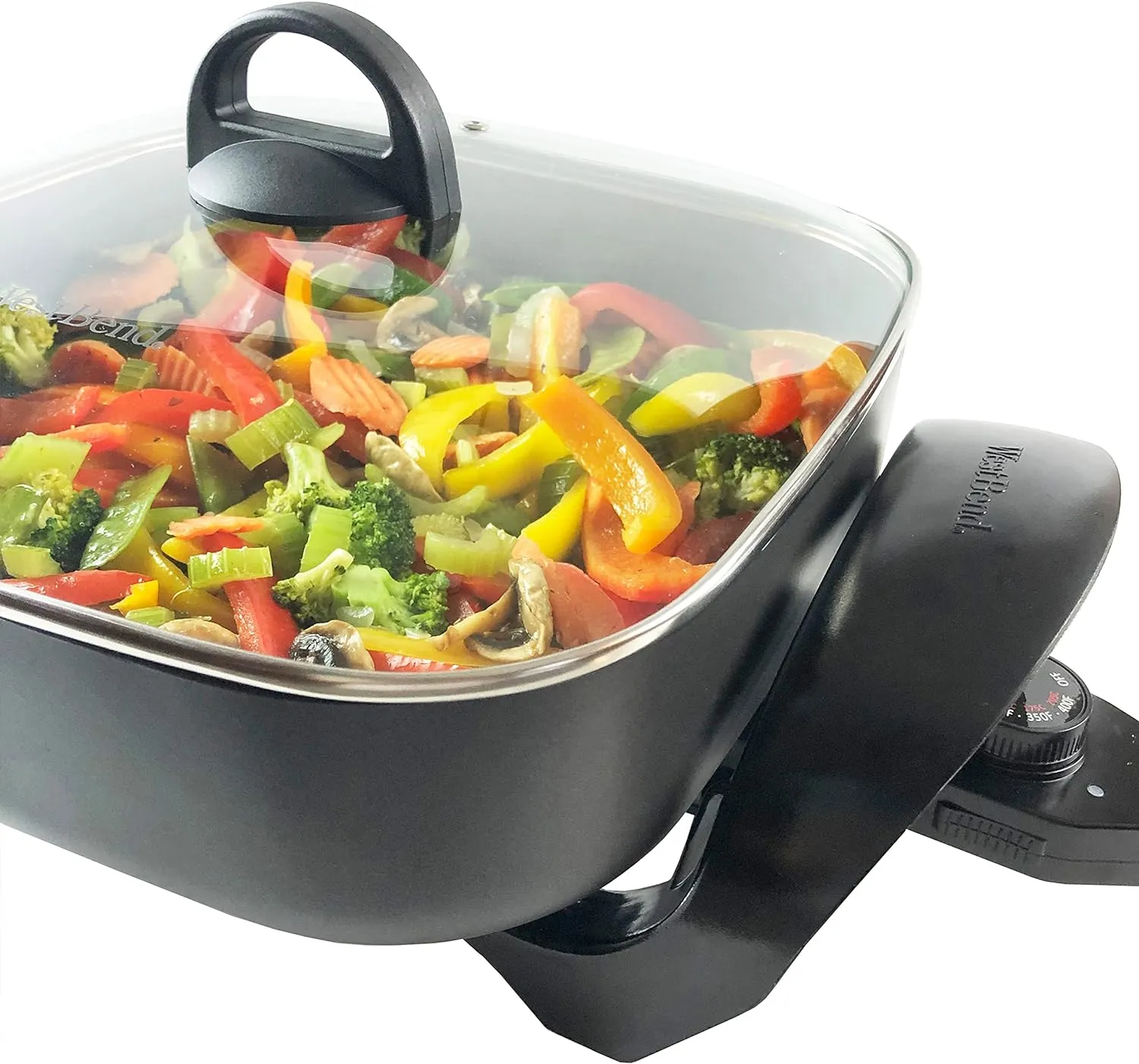 West Bend Electric Skillet Family-Sized 3-Inch Deep with Diamond Shield Scratch-Resistant Non-Stick Finish & Grease Channel for Healthier Cooking, 12-Inch, Gray