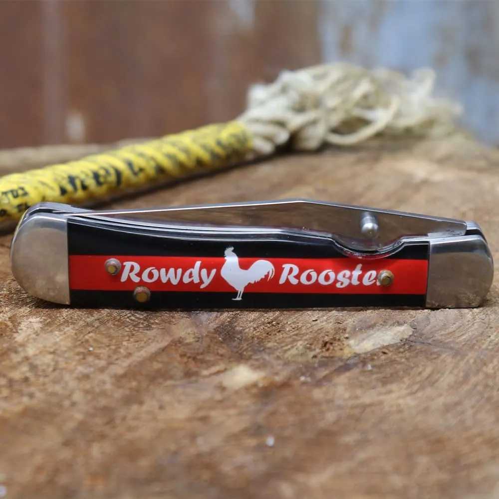 WHISKEY BENT HAT CO. Locking Trapper Folding Pocket Knife 4.125" Closed Length 440C Stainless Steel Blades (Rowdy Rooster - Serrated)