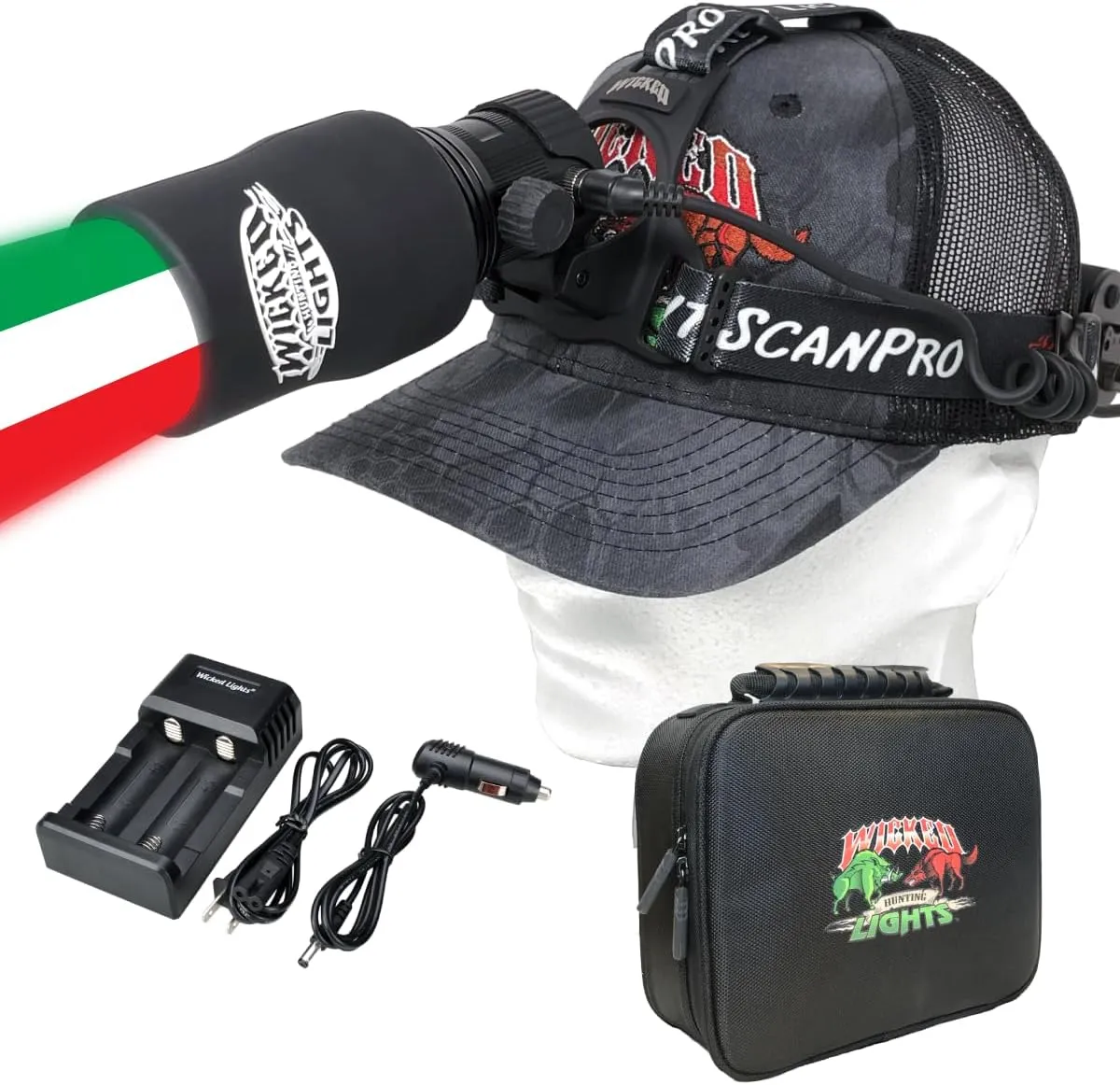 Wicked Lights ScanPro iC GEN4 3-Color-in-1 (Green, Red, White LED) Night Hunting Headlamp Kit for Coyote, Predator, Varmint & Hogs W2100