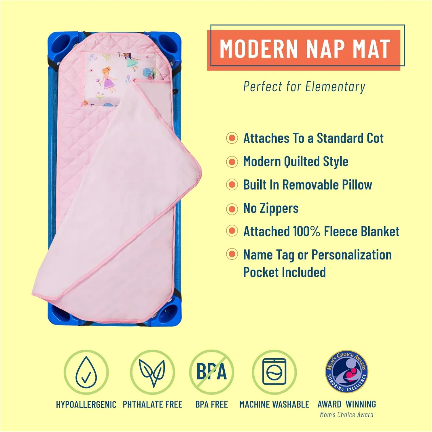 Wildkin Modern Kids Nap Mat – Soft Cotton Blend with Pillow & Elastic Straps for School & Travel - Fairy Garden