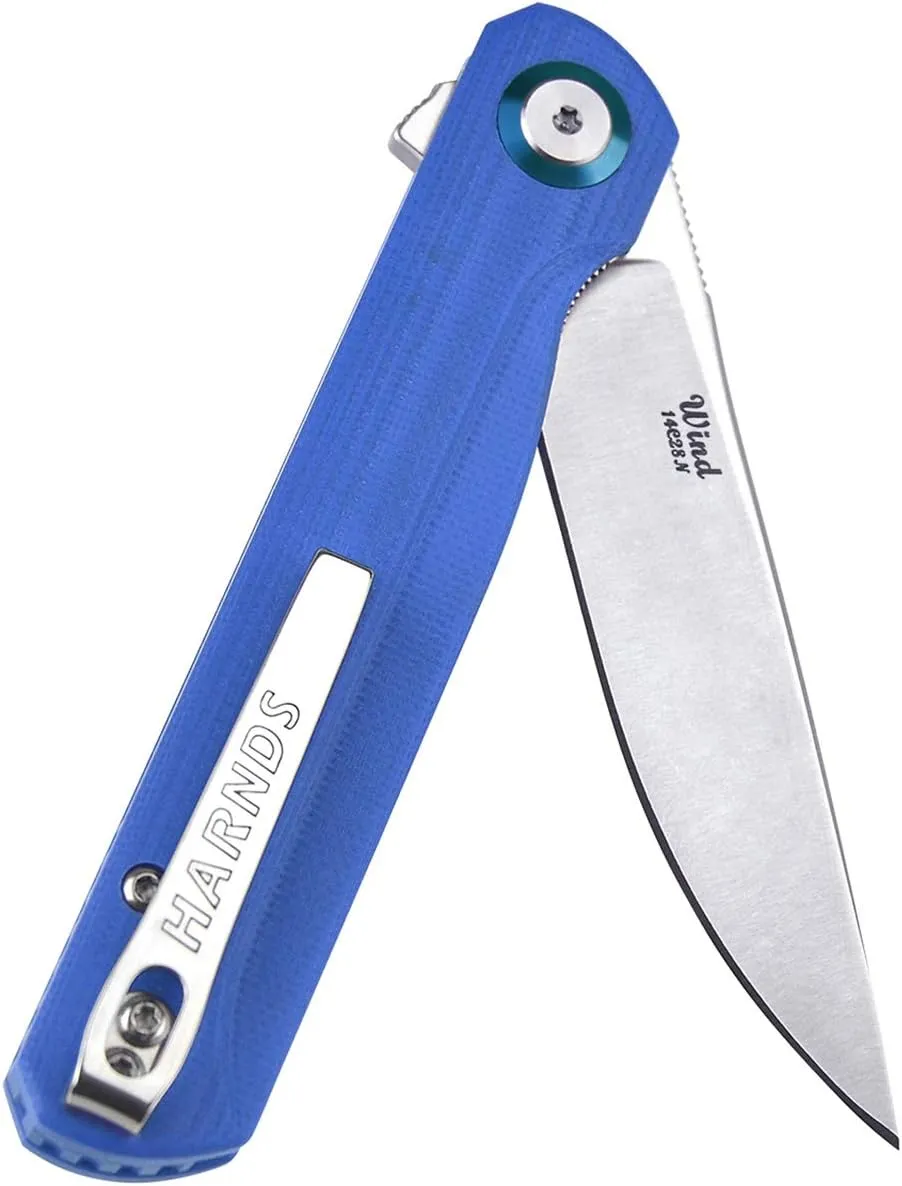 Wind Pocket Knife Flipper Sandvik Steel G10 Handle Folding Knife Ball Bearing with 2-Position Clip for Camping Survival and EDC (Blue)
