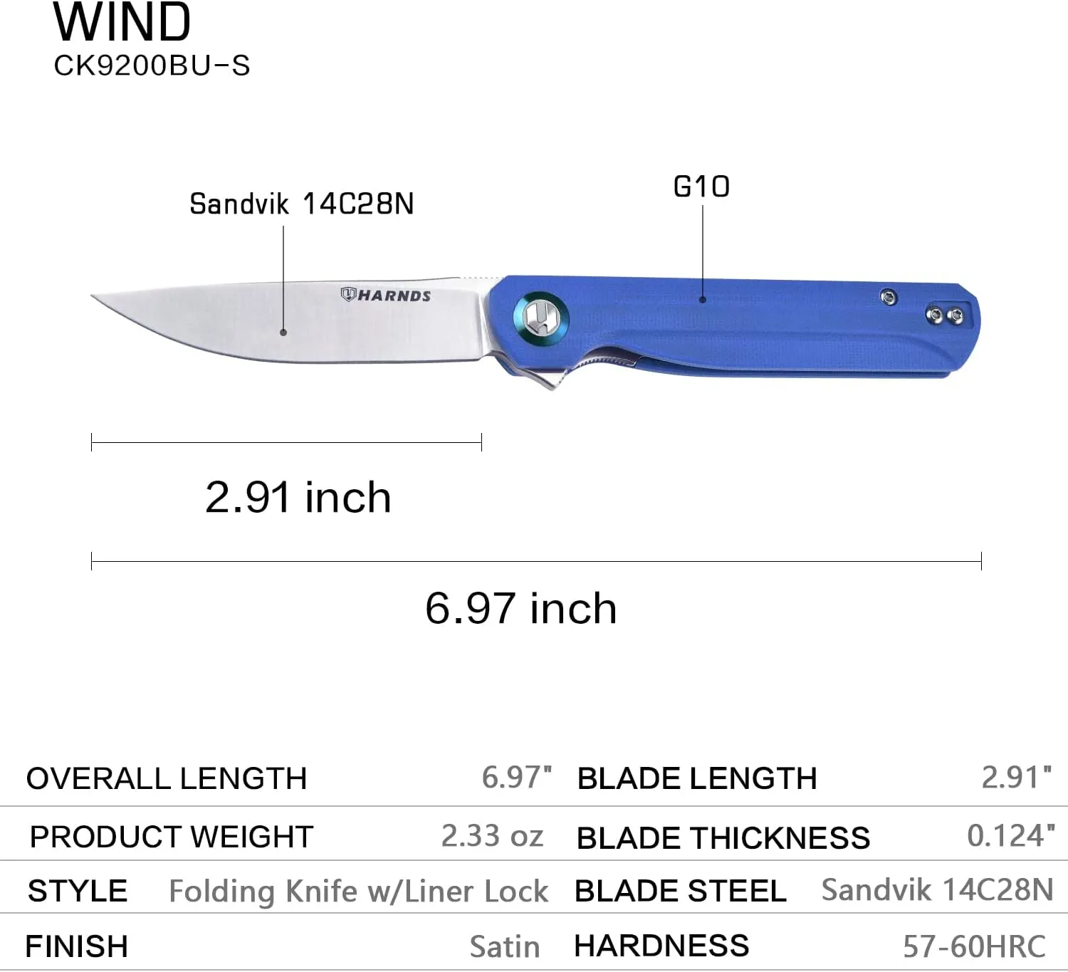 Wind Pocket Knife Flipper Sandvik Steel G10 Handle Folding Knife Ball Bearing with 2-Position Clip for Camping Survival and EDC (Blue)