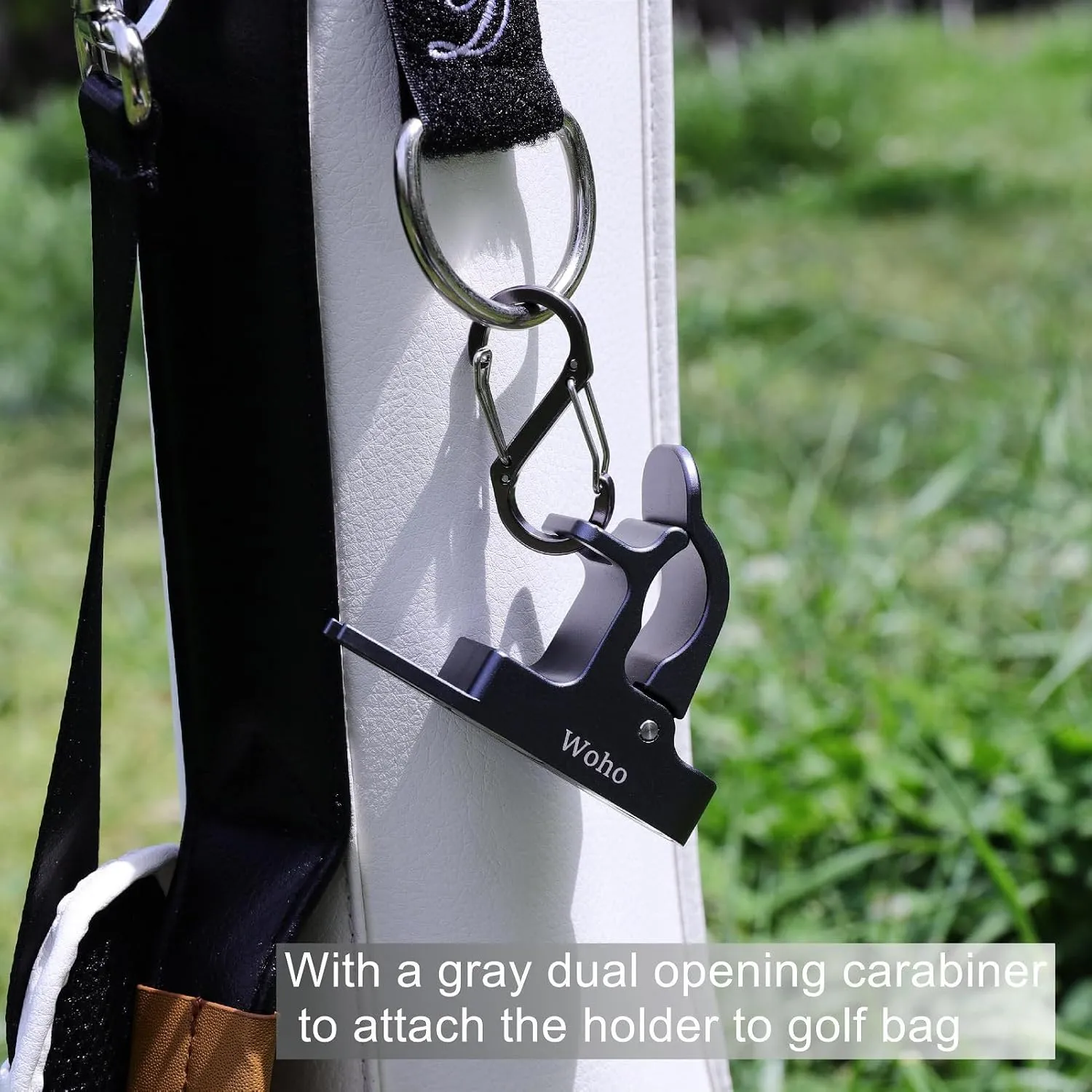 Woho Magnetic Holder for Golf Cart, Aluminum Alloy Golf Holder with Fork Hold Item in The Grass, Golf Cart Accessories with Dual Opening Carabiner for 30-60 Rings, Gift for Golfer/Father's Day